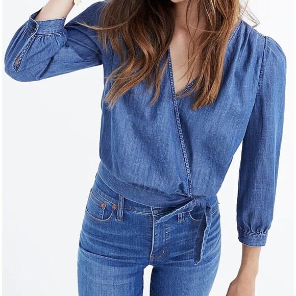 Madewell Tops - Madewell Women's Denim Top Wrap V-Neck Puff Sleeve Small